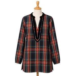 J.Crew Classic Plaid Tunic Top M Black Velvet Trim Cotton Equestrian Ralph